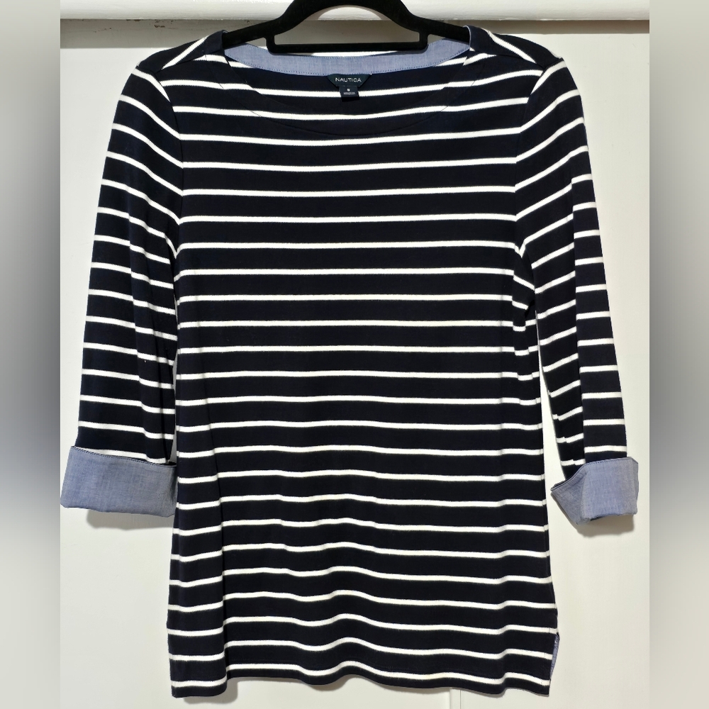 Nautica Navy Blue and White Striped Long Sleeve Boatneck Top